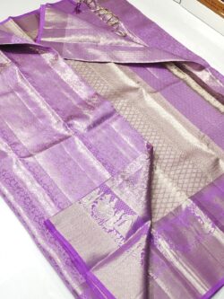 Lavender Kanchipuram/Kanjivaram Handloom Silver Zari Birds Design Palaki Borders Tissue Brocade Silk Saree