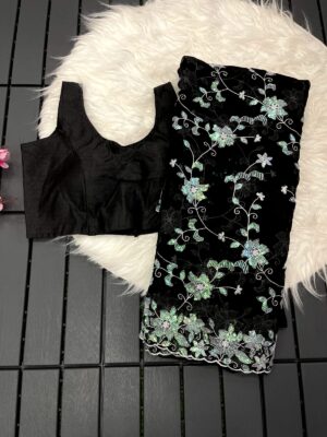 Black Designer Multi Color Sequins and Thread Work Soft Georgette Cocktail/Party Saree