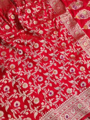 Bright red Banarasi Handloom Katan Silk Meenakari Saree