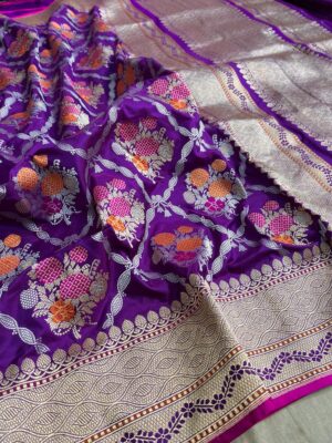 Purple Banarasi Handloom Katan Silk Kaduwa Jangla Tilfi Meenakari Saree