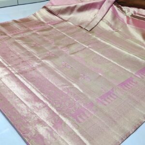 Baby Pink Kanjivaram Handloom Floral Tissue Brocade Silk Saree