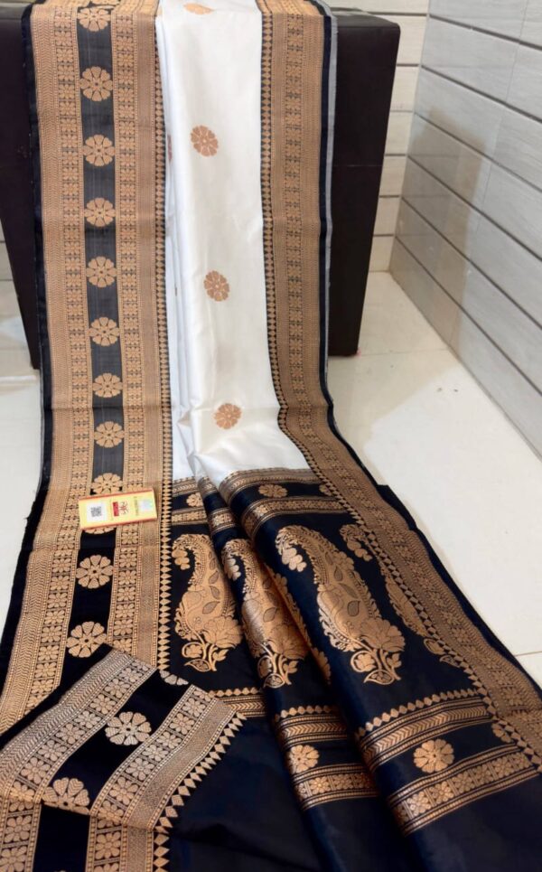 Pearl White Banarasi Handloom Antique Zari Katan Silk Saree
