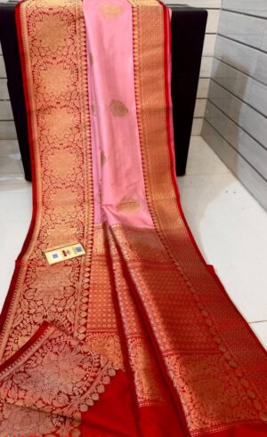 Pink & Red Banarasi Handloom Antique Zari Katan Silk Saree