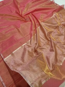 Peach Chanderi Handloom Gold Zari Tissue Silk Saree