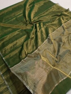 Mehandi Green Chanderi HanMehandi Green Chanderi Handloom Gold Zari Tissue Silk Sareedloom Gold Zari Tissue Silk Saree