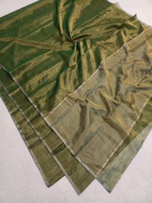 Mehandi Green Chanderi Handloom Gold Zari Tissue Silk Saree