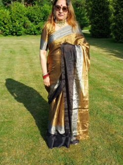 Black, Gold & Silver Chanderi Handloom Metallic Tissue Silk Saree