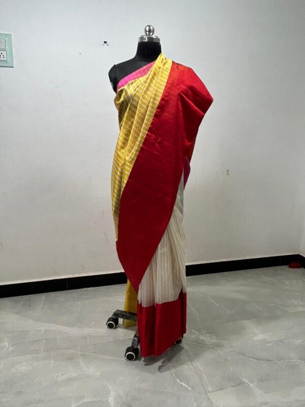 Red & Yellow Chanderi Handloom Pattu Silk Mashru Borders Saree