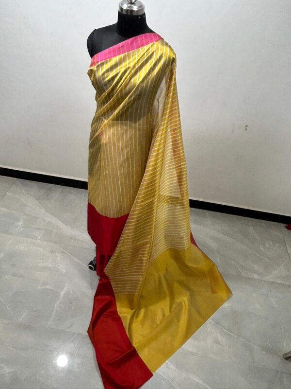 Red & Yellow Chanderi Handloom Pattu Silk Mashru Borders Saree