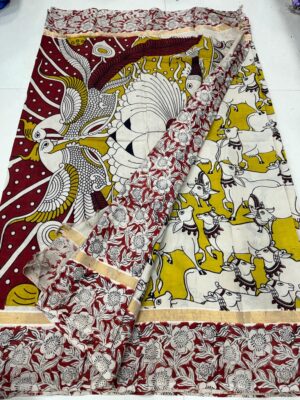 Mangalagiri Handloom Pattu Silk by Cotton Kalamkari Sarees