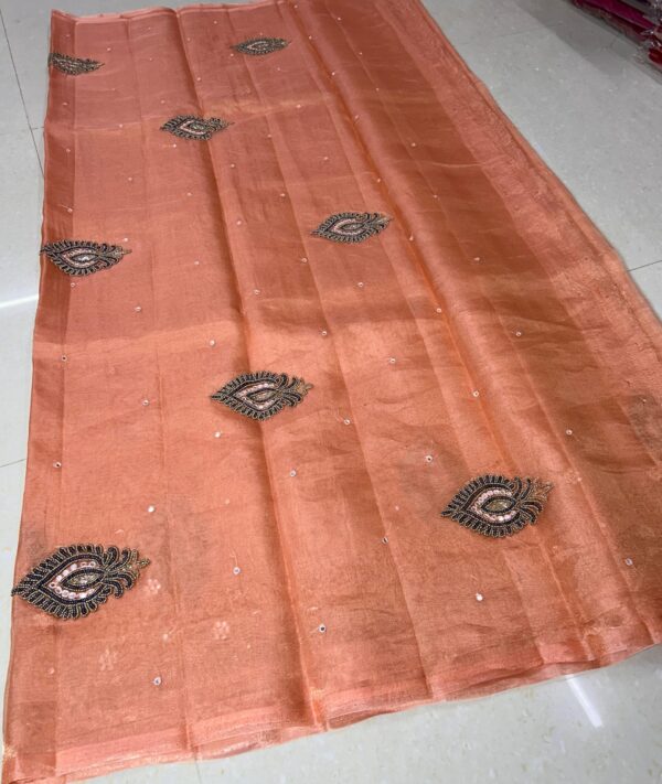 Peach Banarasi Handloom Pure Tissue Silk Hand Embroidered Saree