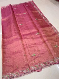 Pink Banarasi Handloom Pure Tissue Silk Hand Embroidered Saree