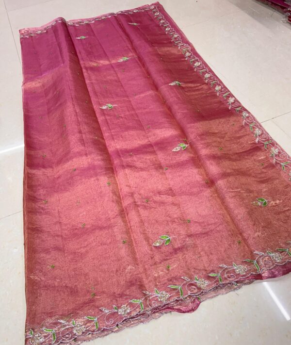 Pink Banarasi Handloom Pure Tissue Silk Hand Embroidered Saree