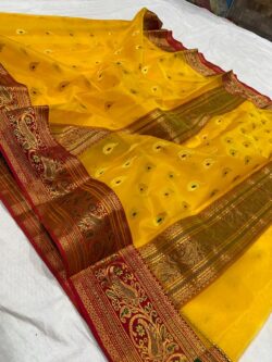 Yellow Chanderi Handloom Katan Silk Meenakari Saree