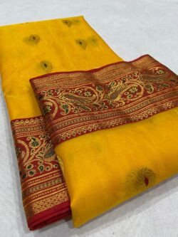 Yellow Chanderi Handloom Katan Silk Meenakari Saree