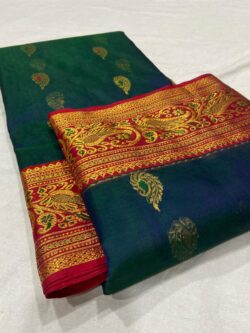 Dual Tone Peacock Chanderi Handloom Katan Silk Meenakari Saree
