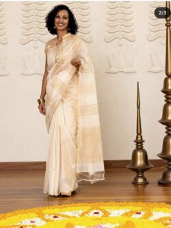 Cream Chanderi Handloom Pattu Silk Striped Contemporary Saree
