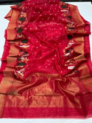 Red Chanderi Handloom Katan Silk Meenakari Saree