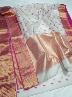 Ivory Chanderi Handloom Pure Tissue Silk Silver Zari Saree