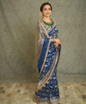Blue Banarasi Handloom Katan Silk Meenakari Jangla Saree