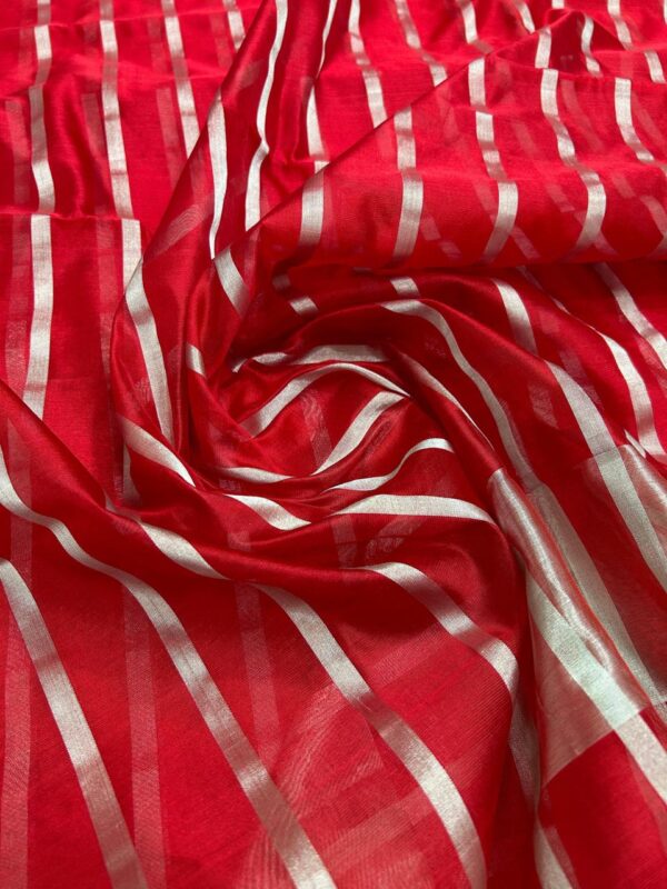 Red Chanderi Handloom Horizontally Striped Pattu Silk Saree