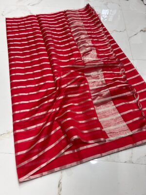 Red Chanderi Handloom Horizontally Striped Pattu Silk Saree