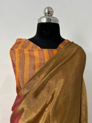 Gold and Copper Metallic Chanderi Handloom Heavy Tissue Silk Saree