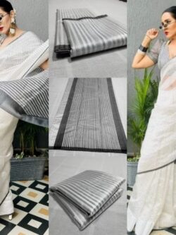 Pearl White Chanderi Handloom Pattu Silk Striped Contemporary Saree