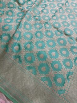 Pastel Turquoise Banarasi Handloom Katan Silk Silver Zari Jangla Saree