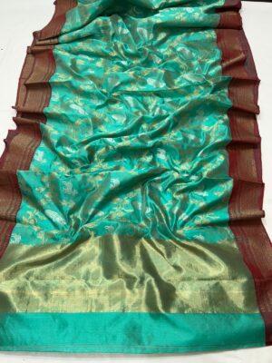 Sea Green Chanderi Handloom Pattu Silk Handwork Saree