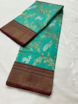 Sea Green Chanderi Handloom Pattu Silk Handwork Saree