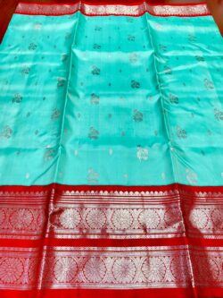 Turquoise and Red Venkatagiri Handloom Pattu Silk Saree