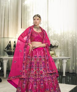 Deep Pink Silk and Net Designer Bridal Lehenga Choli Set with Heavy Embroidery and Sequins Work