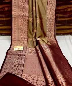 Light Brown Banarasi Handloom Antique Zari Katan Silk Saree