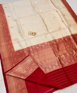 Cream Banarasi Handloom Antique Zari Mango Silk Saree