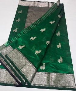 Bottle Green Chanderi Handloom Pattu Silk Animal Design Saree