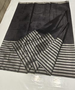 Metallic Silver and Black Chanderi Handloom Pure Tissue Silk Saree