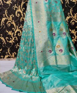 Silk Mark Certified Sea Green Banarasi Handloom Pure Khaddi Katan Silk Handmade Cutwork Gold Zari Meenakari Saree