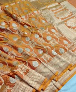 Silk Mark Certified Dual Tone Orange Banarasi Handloom Pure Khaddi Katan Silk Handmade Cutwork Gold Zari Saree