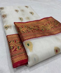 Pearl White Chanderi Handloom Katan Silk Meenakari Saree