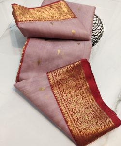 Beige and Red Chanderi Pure Handloom Pure Katan Silk Saree with Nakshi Borders