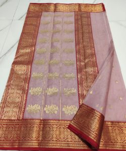 Beige and Red Chanderi Pure Handloom Pure Katan Silk Saree with Nakshi Borders