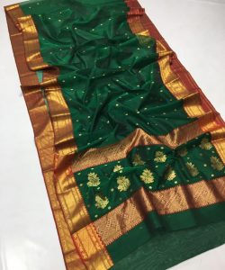 Green Chanderi Pure Handloom Pure Katan Silk Saree with Nakshi Borders