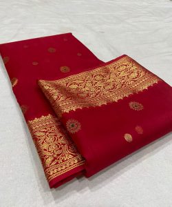 Red Chanderi Pure Handloom Pure Katan Silk Saree with Eknal Meenakari Buttas and Nakshi Borders
