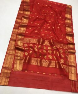Red Chanderi Pure Handloom Pure Katan Silk Saree with Nakshi Borders