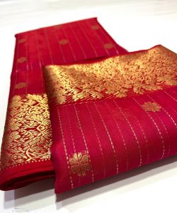 Red Chanderi Pure Handloom Pure Katan Silk Saree with Gold Zari Stripes, Buttas and Nakshi Borders