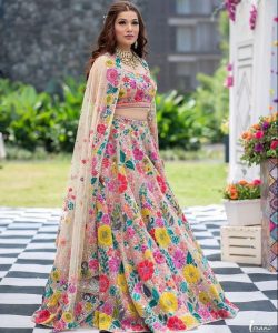 Peach Designer Embroidered Party Wear Lehenga Choli Set in Faux Georgette