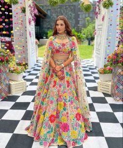 Peach Designer Embroidered Party Wear Lehenga Choli Set in Faux Georgette