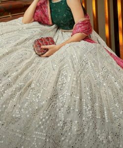 White Designer Floral Printed Sequined Party Wear Lehenga Choli Set in Georgette