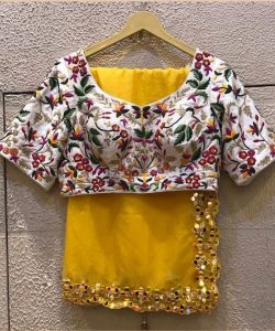 White and Yellow Designer Mono Silk Sequins Embroidery Party Lehenga Choli Set